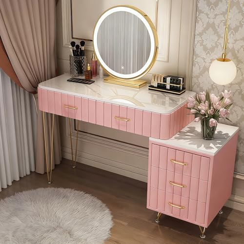 Generisch Hochwertiger Schminktisch im Luxus-Stil, Sinterplatte in Marmoroptik, Samtige Fronten, Vergoldete Griffe, Schnell aufgebaut durch Vormontage (ROSA)