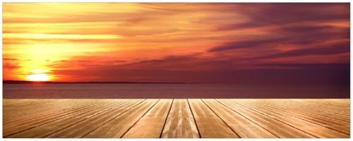 Wallario Memoboard aus Glas mit Motiv, Magnet-Tafel in 32 x 80 cm in Premium Qualität Steg am See - Sonnenuntergang und roter Himmel