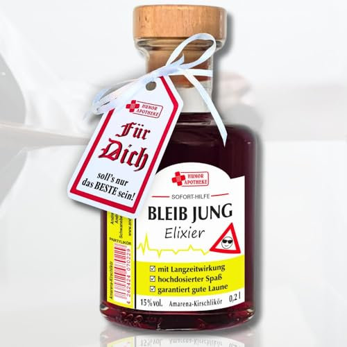0,2L Apothekerflasche – Bleib Jung, Elixier - 15% vol. Amarena Kirsch Likör aus der Humorapotheke | Humor Apotheke Spaßmedizin Scherzartikel Humormedizin