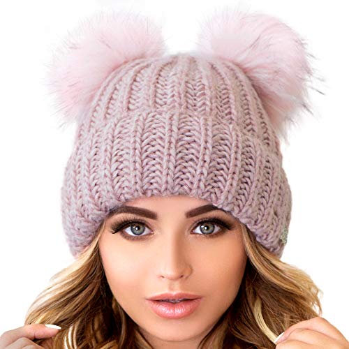niceacsrise Braxton Beanie für Damen, 2 Bommeln, Zopfmuster, warme Fleece-Mütze, Wolle, Schnee-Manschette, Skimütze, Pink, Einheitsgröße