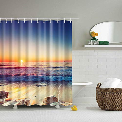 Boyouth Duschvorhang mit Strandmotiv auf dem Sonnenaufgang, Digitaldruck, für Badezimmer, Dekoration, Polyester, wasserdichter Stoff, mit 12 Haken, 180 x 180 cm, Mehrfarbig
