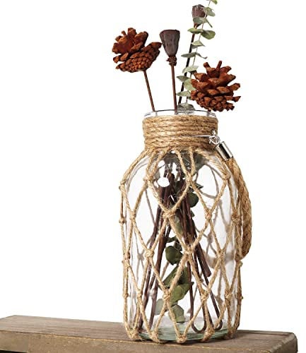 Funsoba Rustikales Einmachglas zum Aufhängen, Kreatives Seil, Netz, trockene Blumen, Glasvase mit Griff, 2 Stück 1 Vase 8