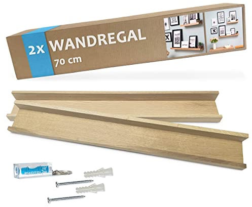 PHOTOLINI Wandregal Eiche Massivholz 70 cm, Schweberegal, 2er Set, modernes Design, Bilderleiste für Fotos, Poster & Deko-Objekte zur flexiblen Gestaltung, U-Form, einfaches Anbringen
