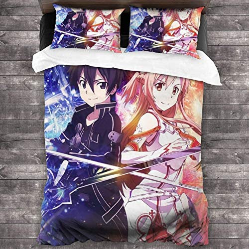 POMJK SAO Bettwäsche Set-Bettbezug-Kissenbezugr,Sword Art Online,Pflegeleichte,Kindergeschenke,Geeignet für alle Jahreszeiten (A01, Single 135x200cm+(80cm×80cm)×2)