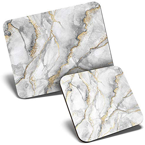Mouse Mat & Coaster Set - Grey White Gold Marble Effect Pattern 23.5 x 19.6 cm & 9 x 9 cm for Computer & Laptop, Office, Gift, Non-slip Base #24432