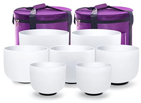 KVKA Perfect Pitch Frosted Crystal Singing Bowl Set,Chakra Set of 7pcs, 7-12 inch with Carrying Cases