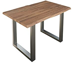 SAM Esszimmertisch 140x80 cm Lauren, Baumkantentisch aus Akazienholz, massiv + stonefarben, U-Metallgestell Silber, Esstisch mit echter Baumkante