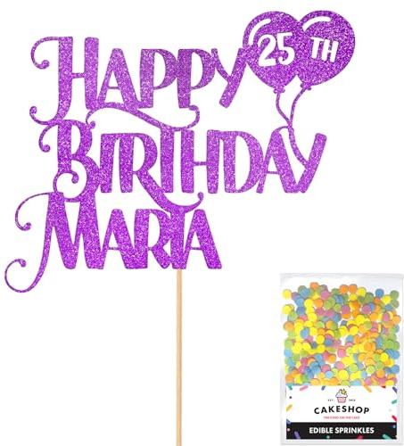 Personalised Happy Birthday Glitter Cake Topper inc Balloons - Purple Any Name & Age Glitter Cake Decoration and Sprinkles - Happy Birthday Decorations - Personalised Toppers for Cakes by Cakeshop