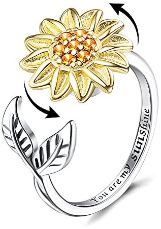 Jewenova Sterlingsilber Sonnenblumen-Fidget-Ring für Mädchen, You Are My Sunshine, stressabbauender Ring, Weihnachtsschmuck, Geschenk für Frauen, Teenager, Mädchen, Sterlingsilber, Cubic Zirkonia