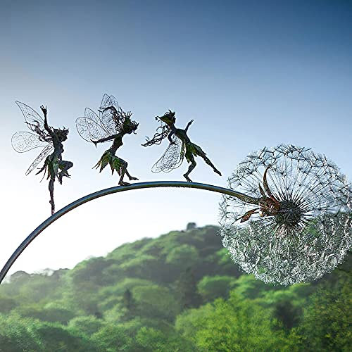 Feen Und Löwenzahn Tanzt Zusammen – Gartendeko Metall, Fairy Bloom Gartendeko, Mythische Feengarten, Magische Sammlerstück, Figur Feen, Pixies, (A)