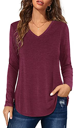 Womens Tunic Tops Casual Loose Long Sleeve V Neckline Tshirts Basic Longline Claret Shirts Size 10 12