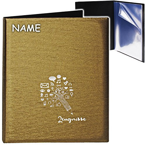 alles-meine.de GmbH A4 - Zeugnismappe/Dokumentenmappe - Zeugnisse Stift & Wissen - 3D Metallic Effekt - Gold/braun - inkl. Name - GEBUNDEN mit 20 festen Seiten- A 4..