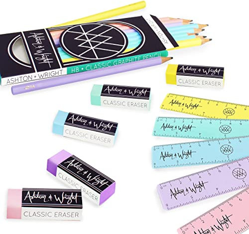 Ashton and Wright - Klassische HB-Bleistifte, 15 cm Lineale, Radiergummis Pastell-Set mit 20 Stück, mehrfarbig