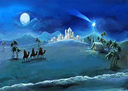 BELECO 1.5x1.2m Weihnachtskrippenkulisse, Weihnachtsnacht, Sterne, Heilige Familie und die Heiligen DREI Könige, Wüstenschloss, Hütte, Krippe, Geburt Jesu, Kulisse