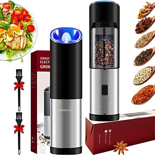 DERGUAM Electric Salt and Pepper Grinder Set, Stainless Steel Pepper Grinder with Gravity Sensor Switch, Salt Grinder Spice Grinder with Adjustable Coarseness and LED Blue Light, Battery Powered