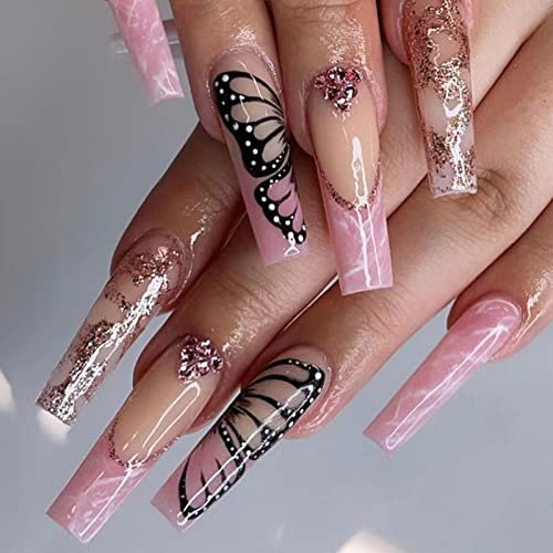 JUSTOTRY 24 Stück Press on Nails Lang, Pink Ballerina Künstliche Nägel mit Butterfly Design, Acryl Kunstnägel Nägel Zum Aufkleben mit Nagelkleber, French Fake Nails Fingernägel für Frauen Nail Art