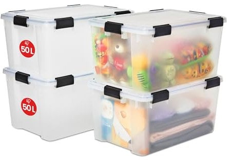 Iris Ohyama Luftdichte Kunststoff-Aufbewahrungsboxen mit Deckel, 50L, 4er-Set, Transparent, Hermetischer wasserdichter Verschluss, Robuste Schnappverschlüsse, Stapelbar, Staubschutz, BPA-frei, AT-L