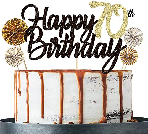 Tortendeko 70 Schwarzes Gold set Doppelseitiges Glitzerpapier Happy Birthday Cake Topper für Geburtstag Deko 70