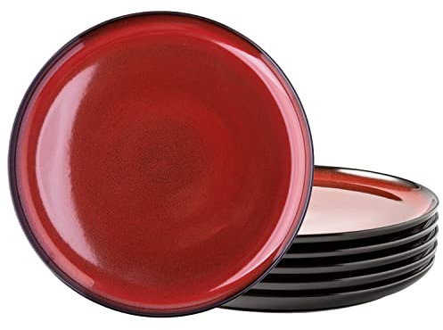 LERATIO Ceramic Plates Set of 6, 8.5 Inch Reactive Glaze Light Weight Porcelain Salad Plates,Modern Shape Dinnerware Dishes Set for Microwave& Dishwasher &Oven Safe,Scratch Resistant-Orange Red