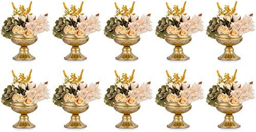 Metal Vases for Table Centerpieces, Hewory Gold Compote Pedestal Vase Floral Container Bulk, Brass Mini Footed Bowl Flower Holders Center Pieces for Wedding Birthday Party Anniversary (10pcs, 6.5in)