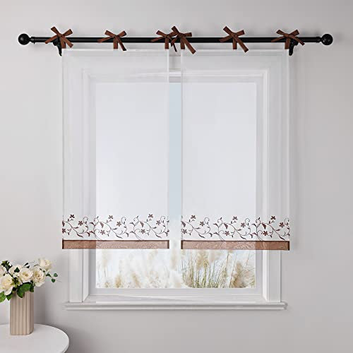Yujiao Mao 1 Stück halbtransparente Voile Kurzstore mit Schlaufen Fünfblättriges Blütenmuster Moderne mehrfarbig Scheibengardinen Landhaus für Kleines Fenster, Kaffee HxB 120x60cm