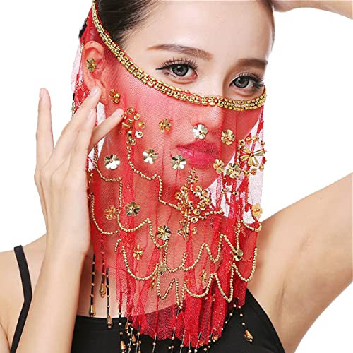 Belly Dance Face Schleier, Chiffon Face Schleier mit Pailletten Perlen für Belly Dance Kostüme Performance Halloween Kostümzubehör für Frauen und Mädchen