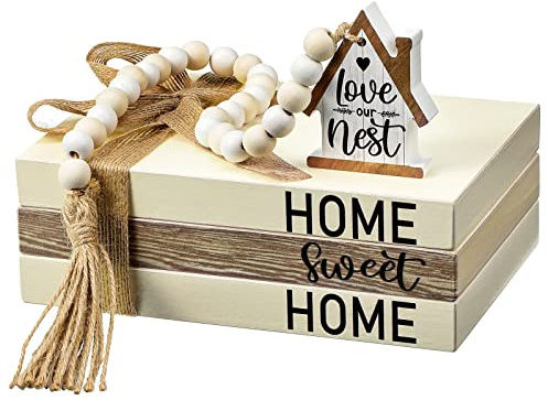 Tatuo 4-teiliges Holz-Bauernhaus-Bücher-Set, Home Sweet Home Dekorative Bücher mit Holzperlen, Girlande, weiße künstliche Bücher, Dekoration, Büro, Wohnzimmer