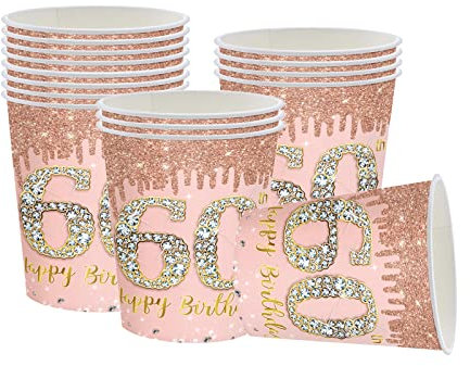 YAAVAAW Happy 60th Birthday Paper Cups - Rose Gold, 16 Pcs Women's Birthday Party Cups & Tableware