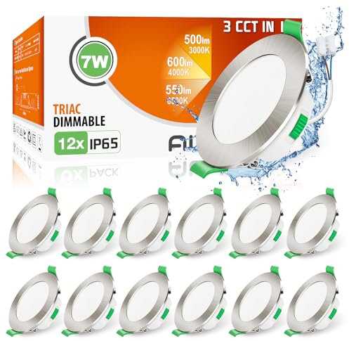 ALUSSO LED Einbaustrahler 230V Dimmbar Flach LED Spots 7W IP65 Deckenspots 68mm Warmweiß Neutralweiß Kaltweiß Einbauleuchten für Badezimmer Küche Wohnzimmer, Nickel Gebürstetes, 12er Set