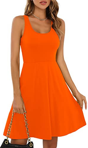 Missufe Robe décontractée - Robe Patineuse - Rockabilly - Courte - pour Femme - Mini Robe débardeur (Orange, Petite)
