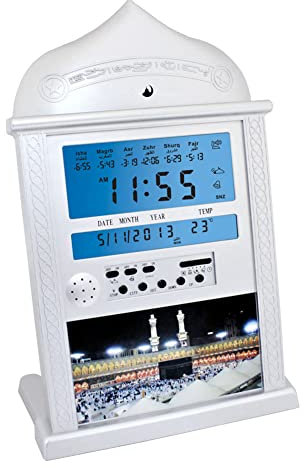 Muslimische Azan Alarm Wanduhr, Muslim Islamischer Azan Beten Uhr, Azan-Kalender, muslimische Gebets-Wanduhr, Alarm mit LCD-Display, Islamische Automatische Wanduhr für Zuhause, Masjid, Ramadan Weiß
