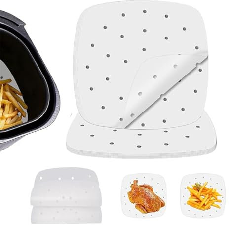 ZKSXOA Backpapier für Heißluftfritteuse 4,5-6L, 100 Stück, 21.5cm, Ungebleichte und antihaftbeschichtete quadratische Einwegpapier für Airfryer, Backofen, Mikrowelle, Dampfgarer, Öl- und wasserdicht