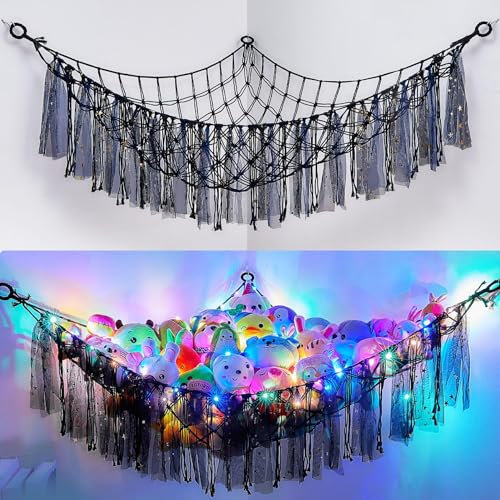 MHJY Toy Hammock Stuffed Animals Storage Net Soft Cuddly Toys Large Corner Hanging Net With LED Light Hand Woven Plush Macrame Organizer with Tassel for Kids Bedroom Nursery