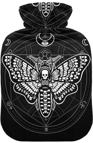 Hot Water Bottle, 2L Large Hot Water Bag with Soft Plush Cover Gothic Black Skull Moth, Leak Proof Screw Plug Best for Winter Sports Outdoors Back Neck and Leg Cold Muscle Pain and Cramps