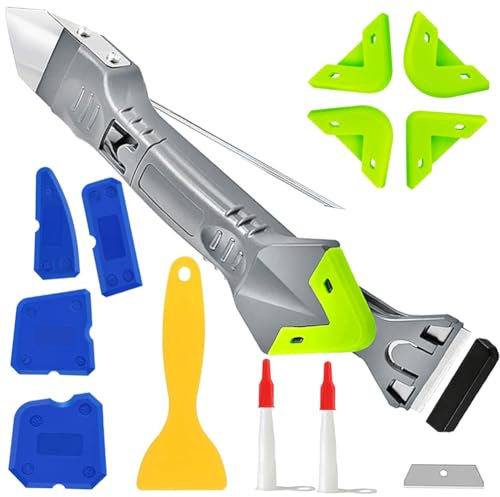 Mihutu Strumenti per Calafataggio Silicone Kit, (Stainless steelhead) 5 in 1 Raschietto Spatola per Sigillante 13 Utensili di Finitura Sigillante, 1 Sostituire la lama, 2 Beccuccio silicone