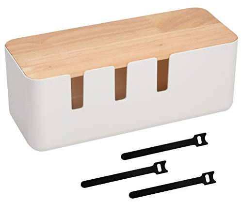 30.2 * 12.5 * 11.5cm Kabelbox Kabelmanagement Box Kabel Aufbewahrungsboxen mit Holzdeckel,ABS Kunststoff Kabelaufbewahrung Kabel-Organizer mit Gummifüßen,Steckdose für Netzkabel mit Klettverschluss