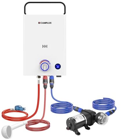 CAMPLUX First Gasdurchlauferhitzer 10 Liter mit Wasserpumpe & Griff, LPG, 50mbar, für Camping/Außendusche, F10 Pro-DE