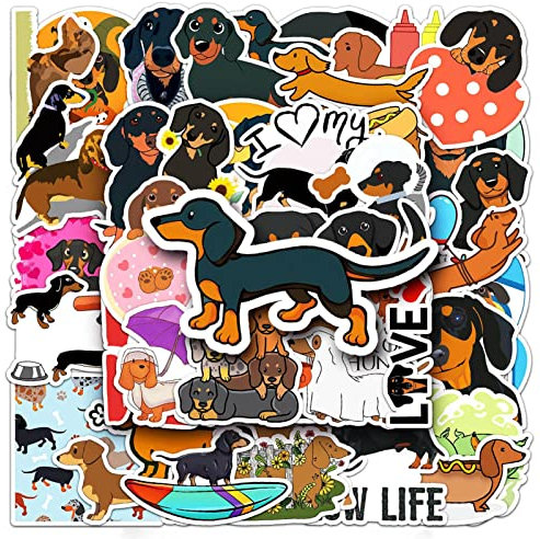 KERALI Dackel-Hundeaufkleber,50 Stück wasserdichte Hundeaufkleber - Lustiger Tier-Aufkleber, Dackel-Aufkleber, Cartoon-Aufkleber-Geschenk für Teenager, Mädchen, Erwachsene, Kinder