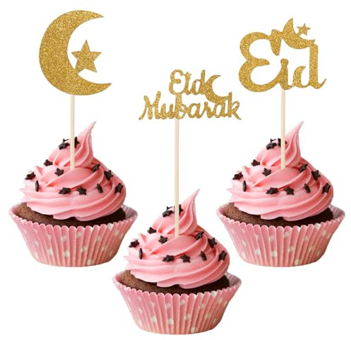 24St Eid Mubarak Cupcake Topper, Glitzergold Mondstern Kuchenaufsatz Ramadan Kareem Kuchenaufsatz Eid Cupcake Picks Eid Mubarak Dekorationen für Islamische Muslimische Themenparty