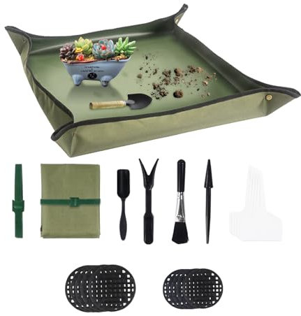 Juego de 21 herramientas para plantas suculentas, alfombrilla impermeable para plantas de interior, kit de herramientas de jardinería para interiores y exteriores (verde oscuro)