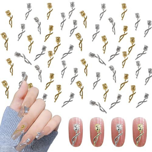 Tulip Nail Charms,60PCS Rose Flower Metal Nail Gems Studs,Gold Silver Nail Art Decorations Ornaments for Nail Design Supplies Jewelry Accessories (Gold Silver)
