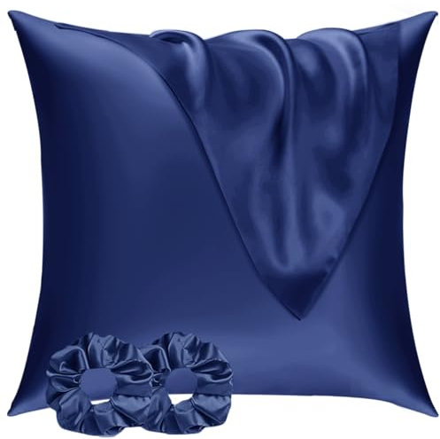 Satin Kissenbezug 80x80 2er Set & 2 Haargummis, Satin Kopfkissenbezug 80x80 Dunkelblau, Weich wie Seidenkissenbezug 80x80,Bessere Pflege als Silk Pillosecase,Kissenhülle Kissenbezug für Haar und Haut