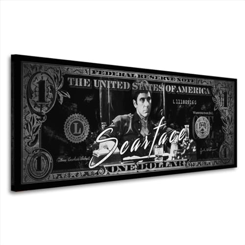 Scar face schwarz weiß Leinwandbild Wandbild Dollar Kunstdruck XL Wanddeko Größe 75x30x2cm