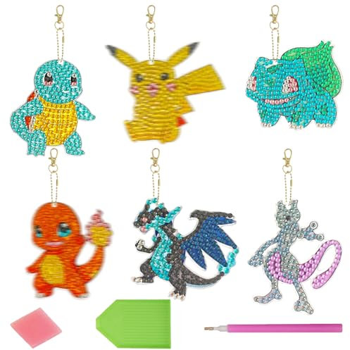 GOACRS Diamond Painting Kinder Schlüsselanhänger Anhänger, 6pcs Doppelseitig 5D Diamant Painting Schlüsselbunda Set, Kleine Diamantmalerei Bilder, Cartoon DIY Mosaik Basteln Kit für Jungen Mädchen