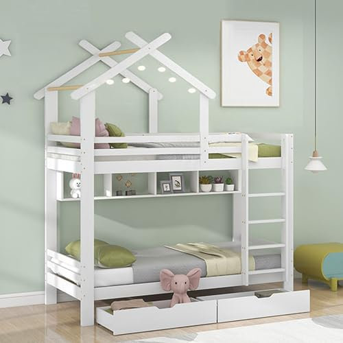 Rtopsu Letto a Castello per Bambini 90x200 cm con 2 Cassetti Contenitore, Letto a Soppalco con Ripiani e Scala, Telaio del Letto con Rete a Doghe per 2 Ragazzi, Bianco, Senza Materasso