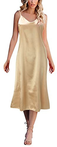 Nuisette Femme Longue, Chemises Nuit Satin D'été, Robe Chemise Ample, Lingerie Sexy Bretelles Spaghetti, sans Manches, Col en V, Vetement Antistatique, Beige Robe De Chambre