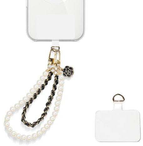Mezrkuwr Bracelet de téléphone portable, perles blanches, en cuir, double chaîne, breloque pour téléphone portable, mains libres, chaîne de téléphone portable, lanière amovible pour téléphone portable