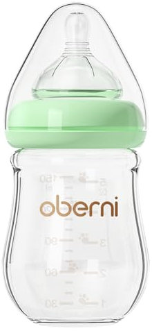 Oberni Babyflaschen aus Glas mit Silikon Sauger Größe 1, Milchflasche Weiter Öffnung, Babyflasche mit Anti-Colic-Ventil für Neugeborene Babys ab 0+ Monate, 150ml, Grün, 1 Stück
