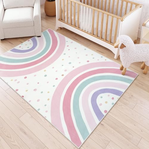 STARUIA Waschbarer Regenbogen-Teppich für Kinderzimmer, Kinderzimmer, weich, gepunktet, rosa Teppich für Schlafzimmer, Mädchen, rutschfest, großer Teppich, Kinderteppich für Spielzimmer, Prinzessin,