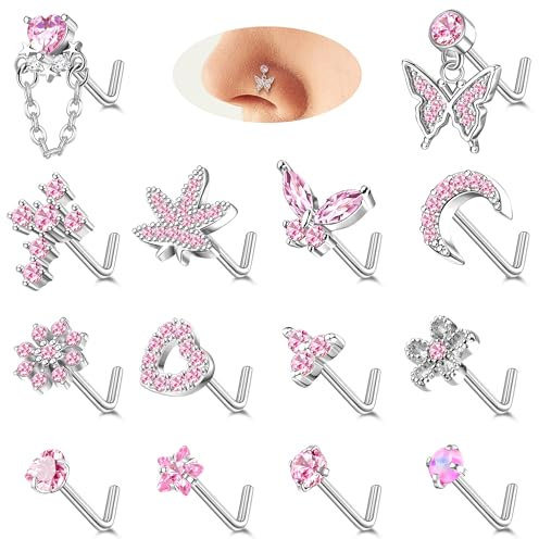 Milacolato 14Stück 20G Nasenpiercing Stecker für Damen Anhänger 14K Gold Silber Edelstahl Nasenstecker L S form Korkenzieher Piercing Herz Mond Nase Nose Stud Nostril Piercing für Damen LS